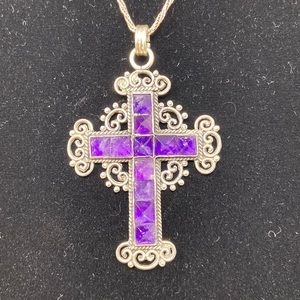 Mexican Silver Cross Pendant with Amethysts